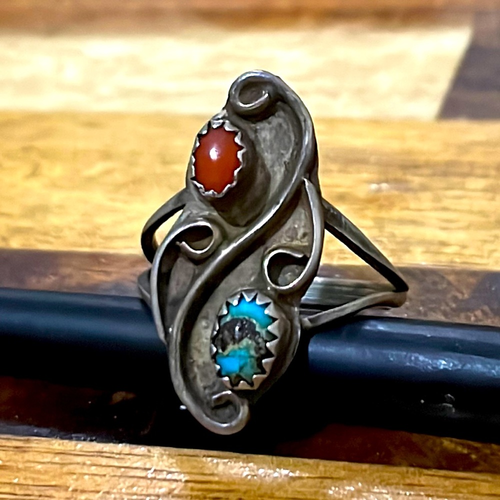 Silver and red and figured blue turquoise ring. Size 6.5 (estimated)